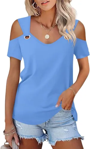 Minetom Women's Cold Shoulder Tops Short Sleeve V Neck T Shirts Basic Summer Tees