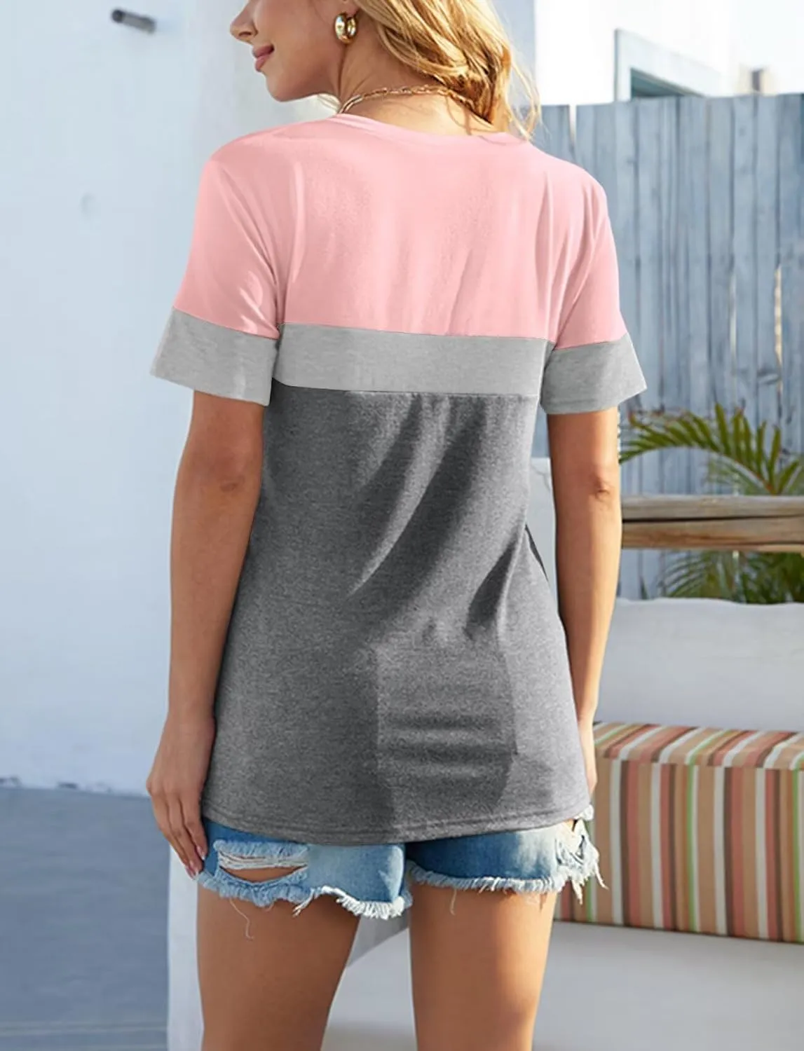 Minetom Women's Color Block/Solid Tops Short Sleeve V Neck T Shirts Summer Casual Tees
