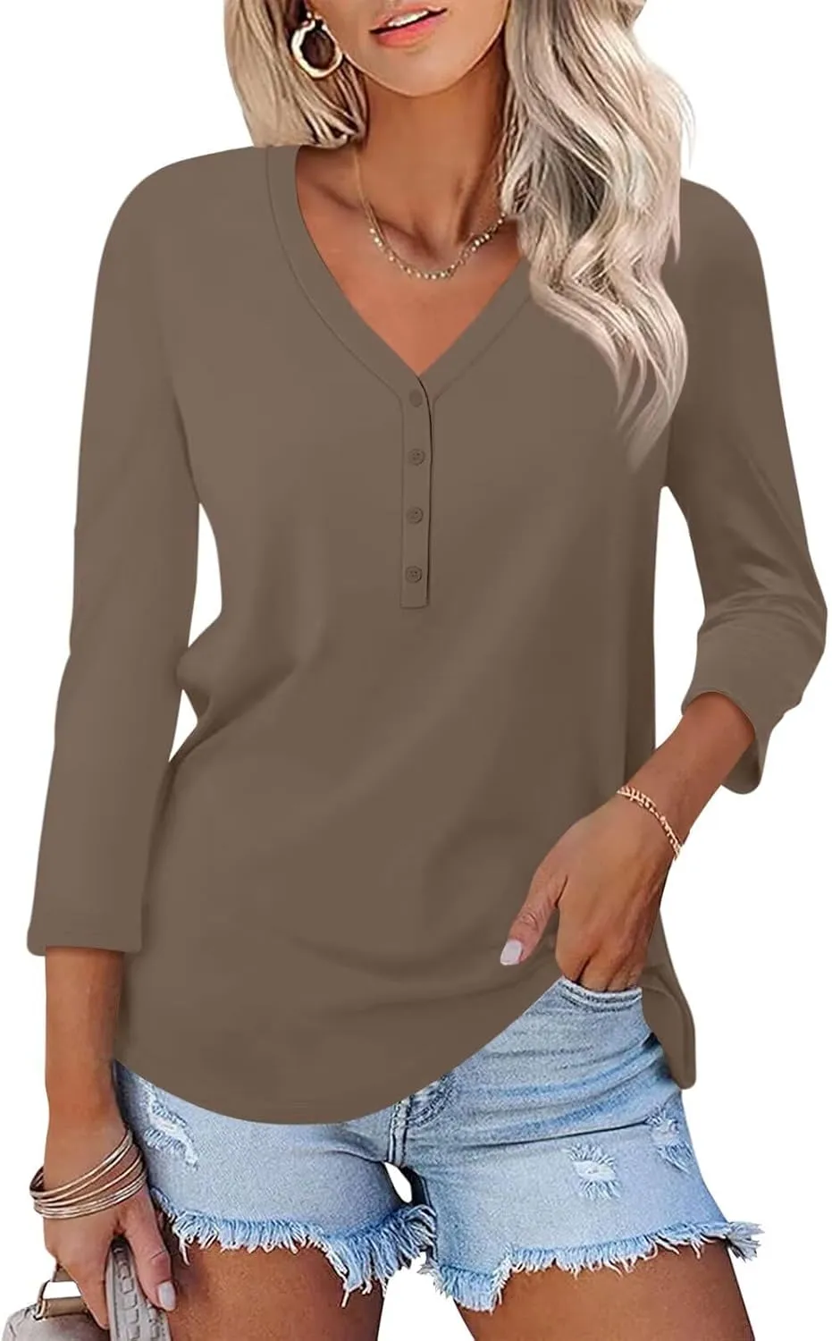 Minetom Women's V Neck 3/4 Sleeve Tops Casual Shirts Basic Summer Tees