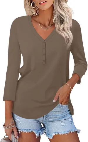 Minetom Women's V Neck 3/4 Sleeve Tops Casual Shirts Basic Summer Tees