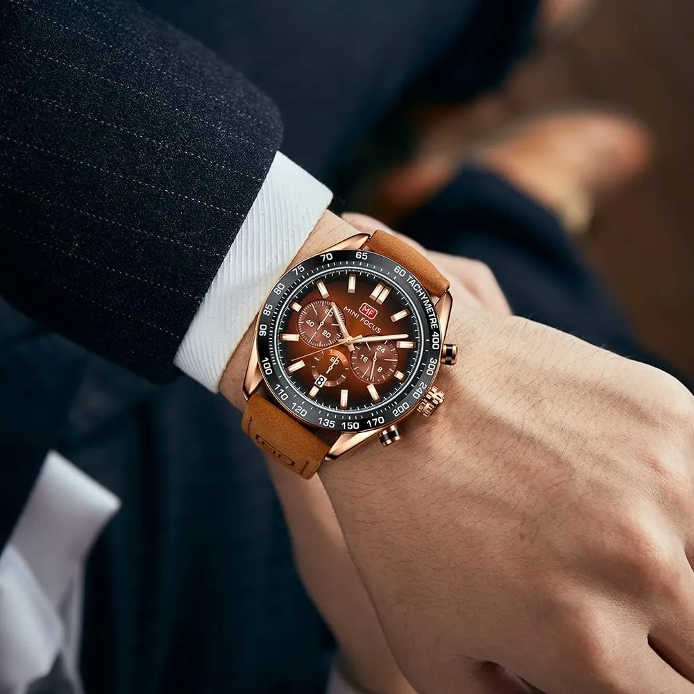 Mini Focus Men Watches Business Casual Wrist Watches (Multifunction/Waterproof/Luminous/Calendar) Genuine Leather Band Fashion Watch for Men