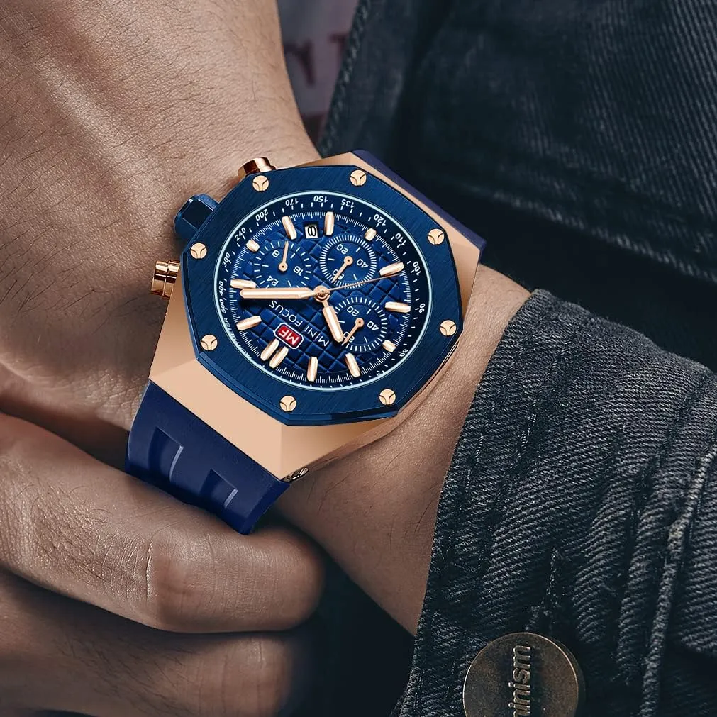 Mini Focus Mens Watch Octagon Casual Wrist Watch (Chronograph/Waterproof/Luminous/Calendar) Silicon/Leather Band Watch for Men