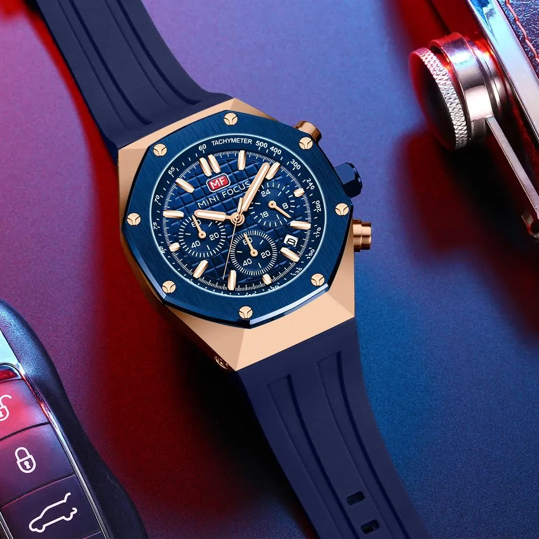Mini Focus Mens Watch Octagon Casual Wrist Watch (Chronograph/Waterproof/Luminous/Calendar) Silicon/Leather Band Watch for Men