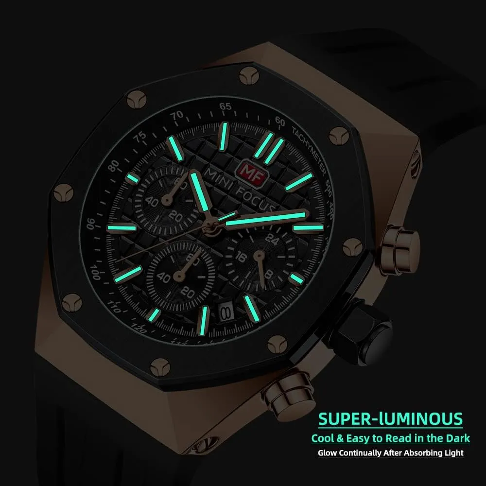 Mini Focus Mens Watch Octagon Casual Wrist Watch (Chronograph/Waterproof/Luminous/Calendar) Silicon/Leather Band Watch for Men