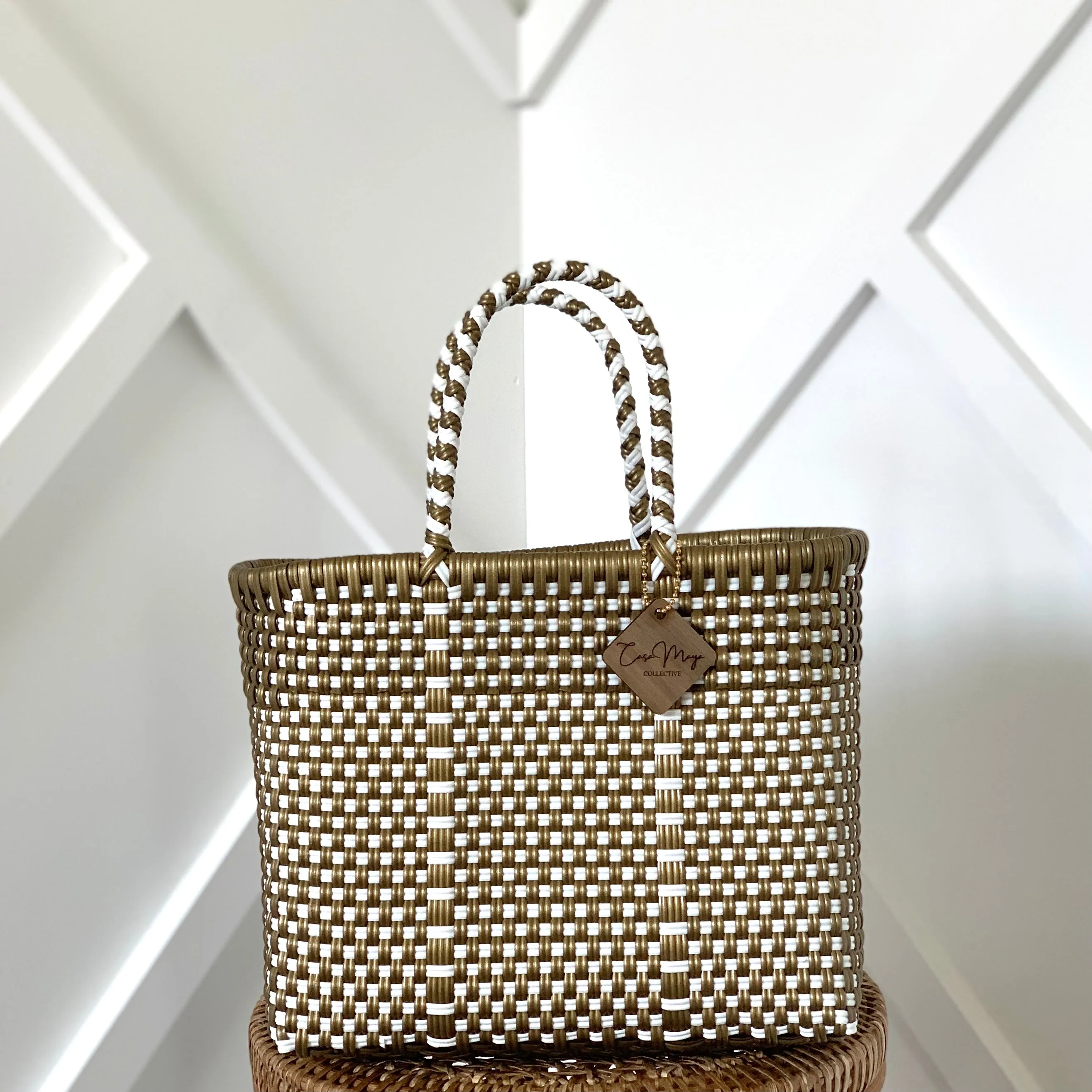 Mini Tote - Gold   White Checkers