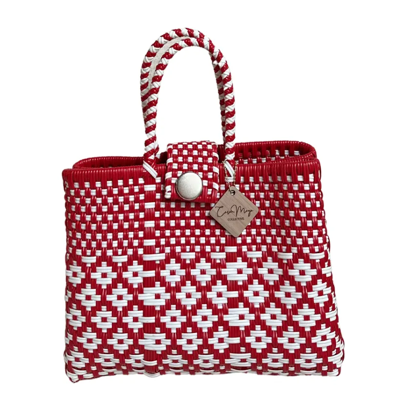 Mini Tote with Snaps - Red   White