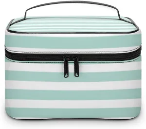 Mint and Coral Nautical Stripes and Cute Anchor Cosmetic Bag, Travel Portable Makeup Bag for Purse Pouch Beauty Zipper Organizer Toiletry Bag for Women