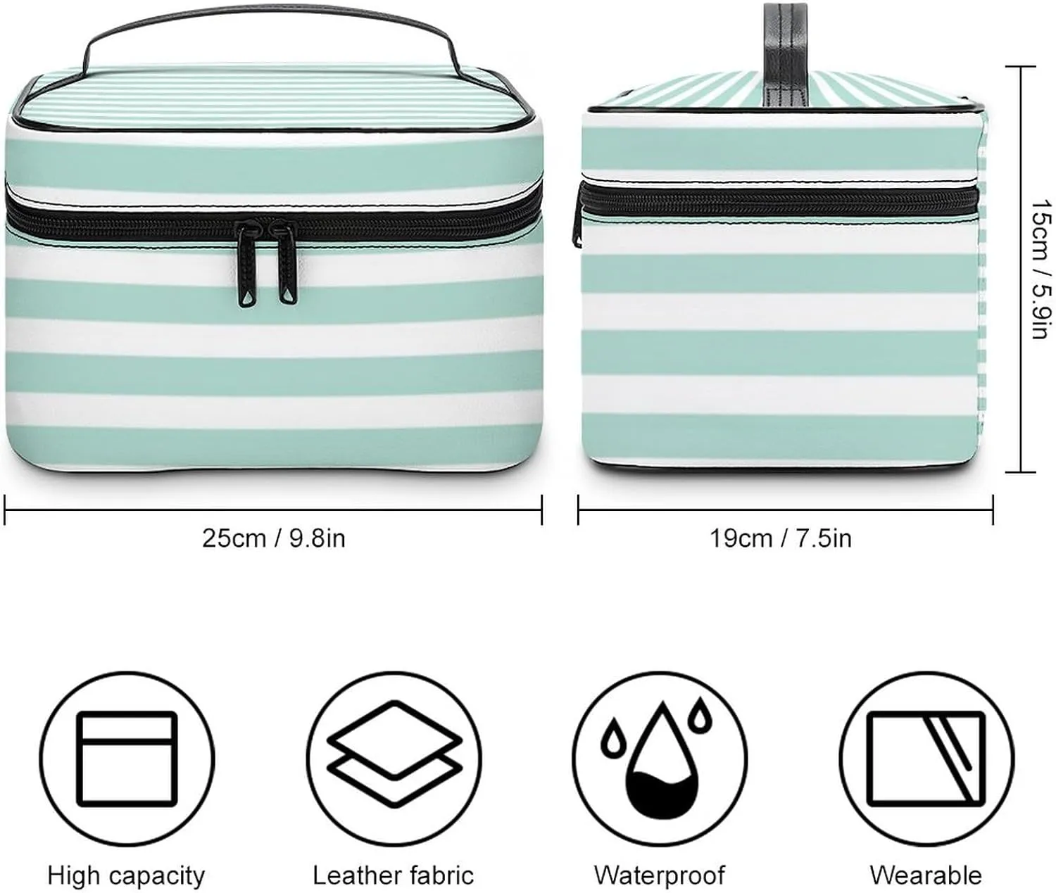 Mint and Coral Nautical Stripes and Cute Anchor Cosmetic Bag, Travel Portable Makeup Bag for Purse Pouch Beauty Zipper Organizer Toiletry Bag for Women