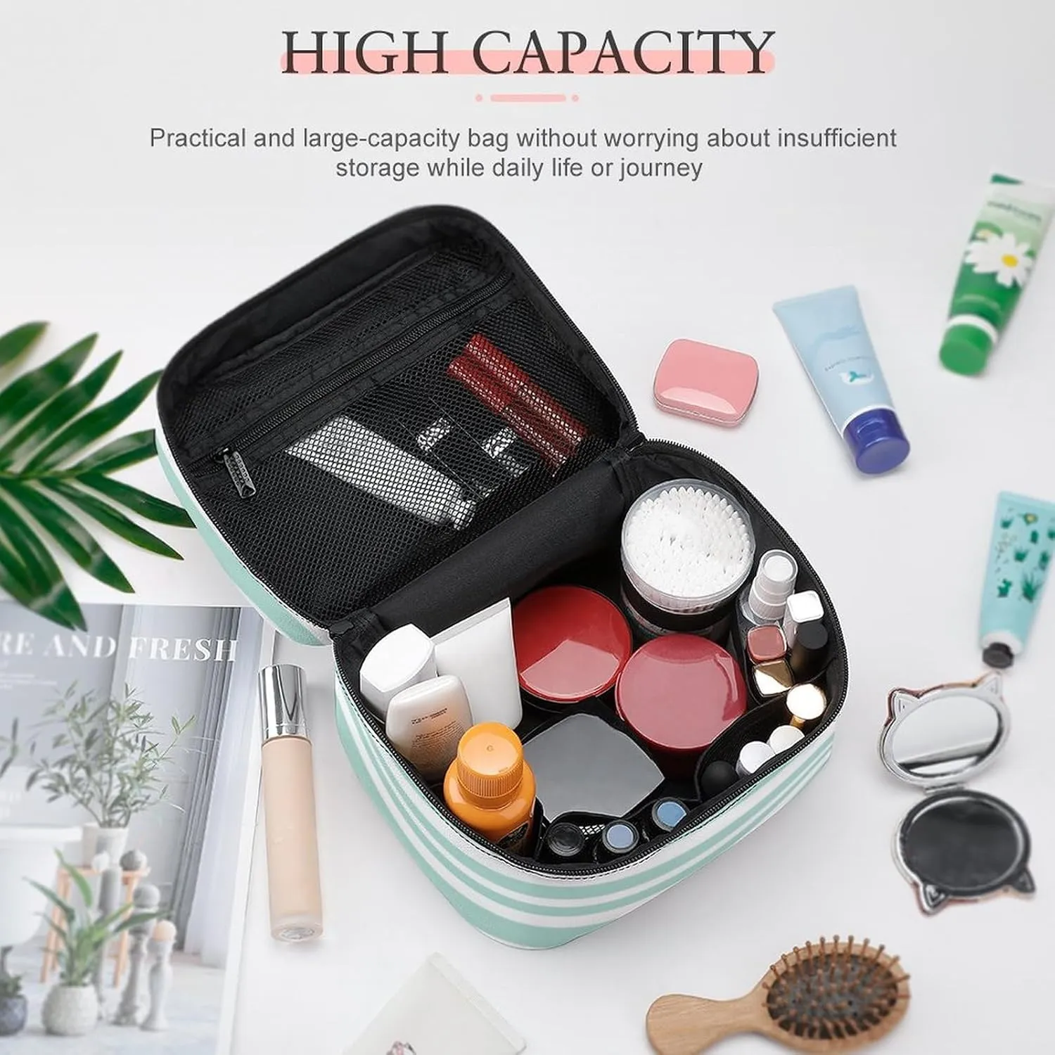 Mint and Coral Nautical Stripes and Cute Anchor Cosmetic Bag, Travel Portable Makeup Bag for Purse Pouch Beauty Zipper Organizer Toiletry Bag for Women