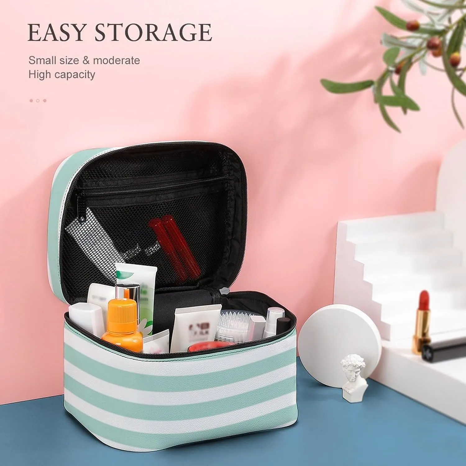 Mint and Coral Nautical Stripes and Cute Anchor Cosmetic Bag, Travel Portable Makeup Bag for Purse Pouch Beauty Zipper Organizer Toiletry Bag for Women