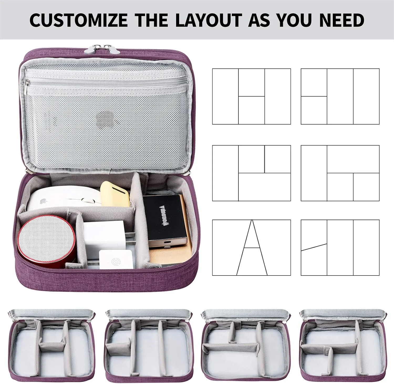 MIRLEWAIY Travel Electronics Organizer Soft Case Small Electronic Accessories Carrying Bag Double-Layer for Cords Phone Chargers Cables Earbuds Adapter Mouse, Purple