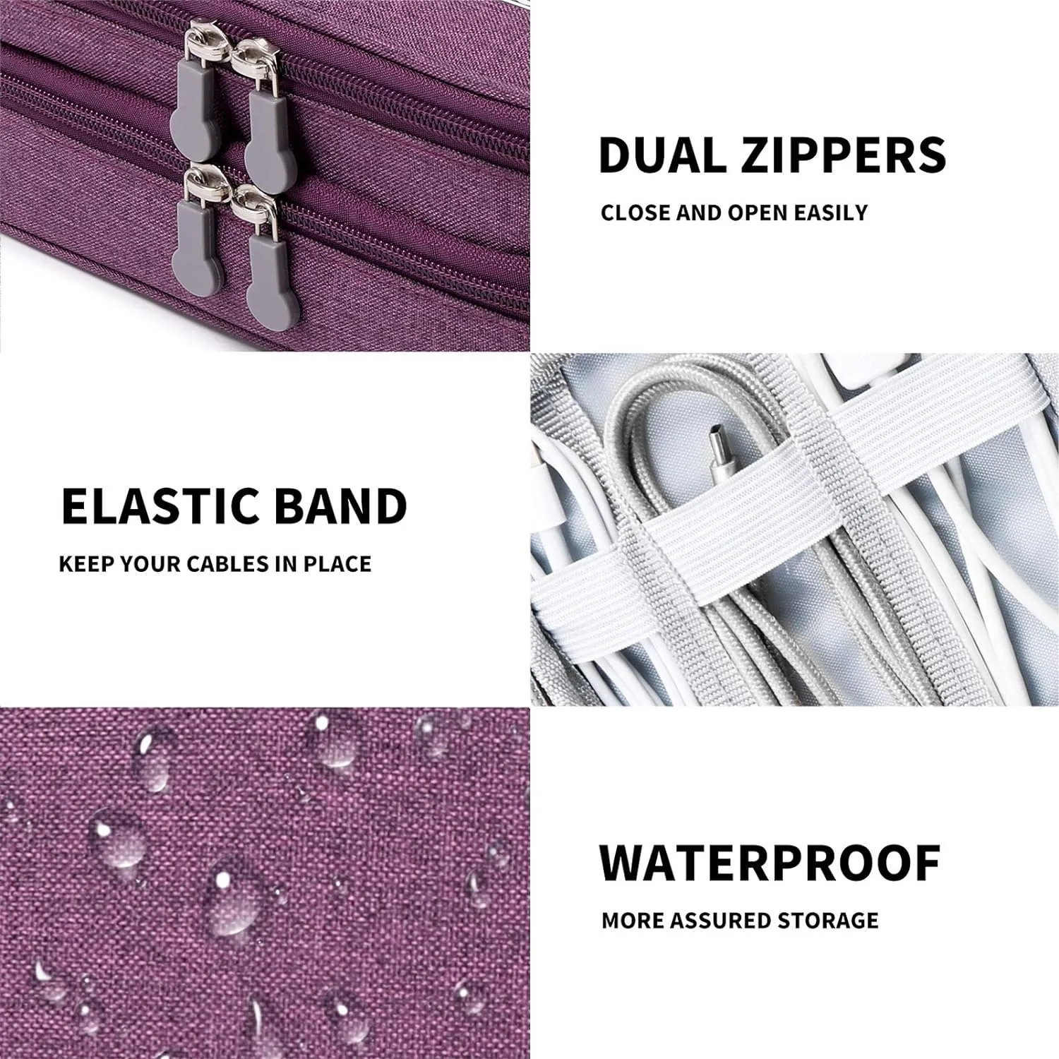 MIRLEWAIY Travel Electronics Organizer Soft Case Small Electronic Accessories Carrying Bag Double-Layer for Cords Phone Chargers Cables Earbuds Adapter Mouse, Purple