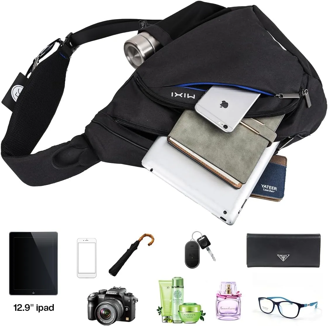 mixi Sling Bag Men Backpack Unisex One Shoulder Bag Hiking Travel Backpack Crossbody with USB Port for Men Women Versatile Casual Daypack-20 inch,Black