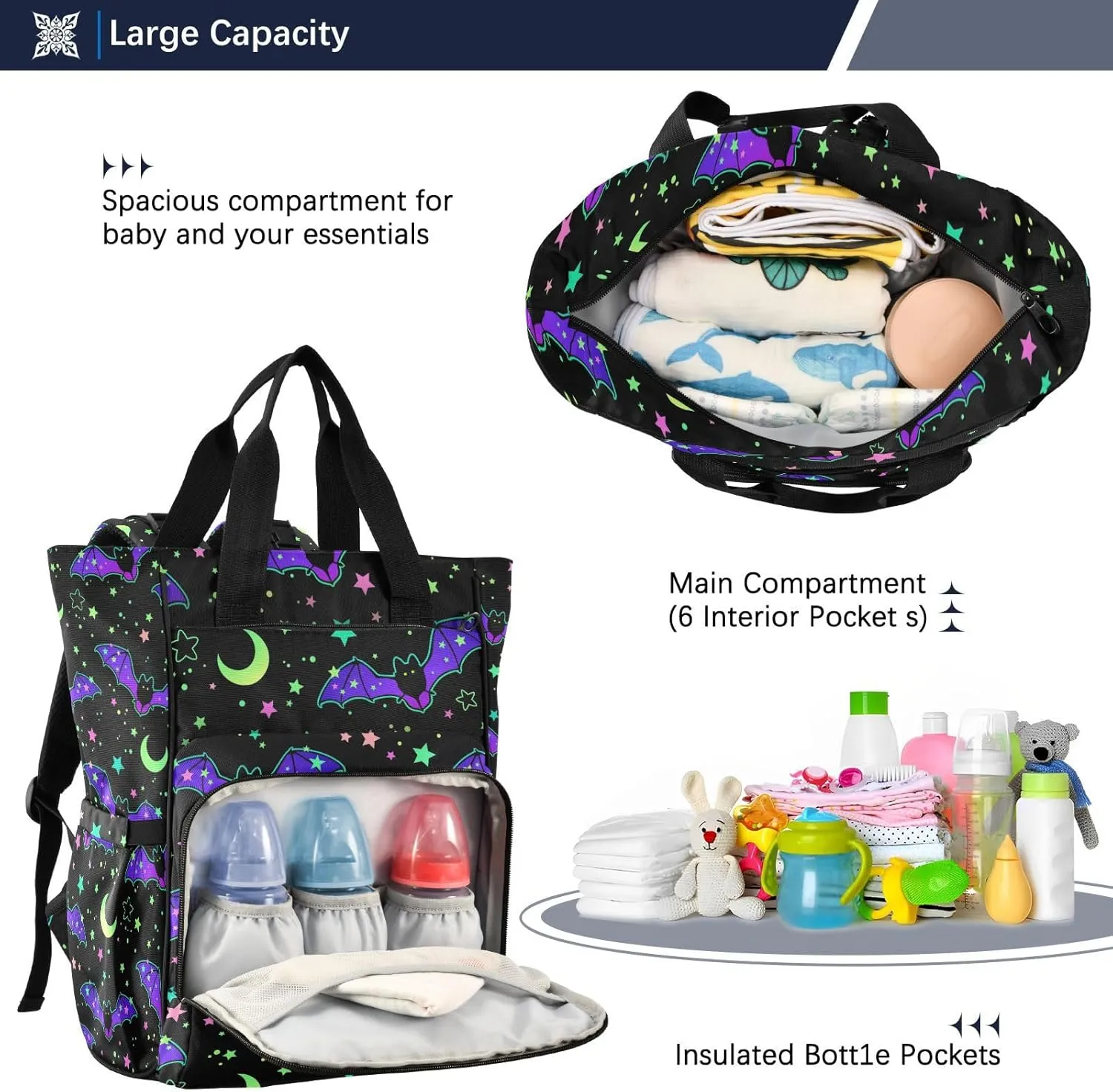 MNSRUU Diaper Bag Magic Galaxy Bat Diaper Bag Backpack Multifunction Travel Diaper Bag Tote Large Capacity Diaper Changing Backpacks for Moms Dads