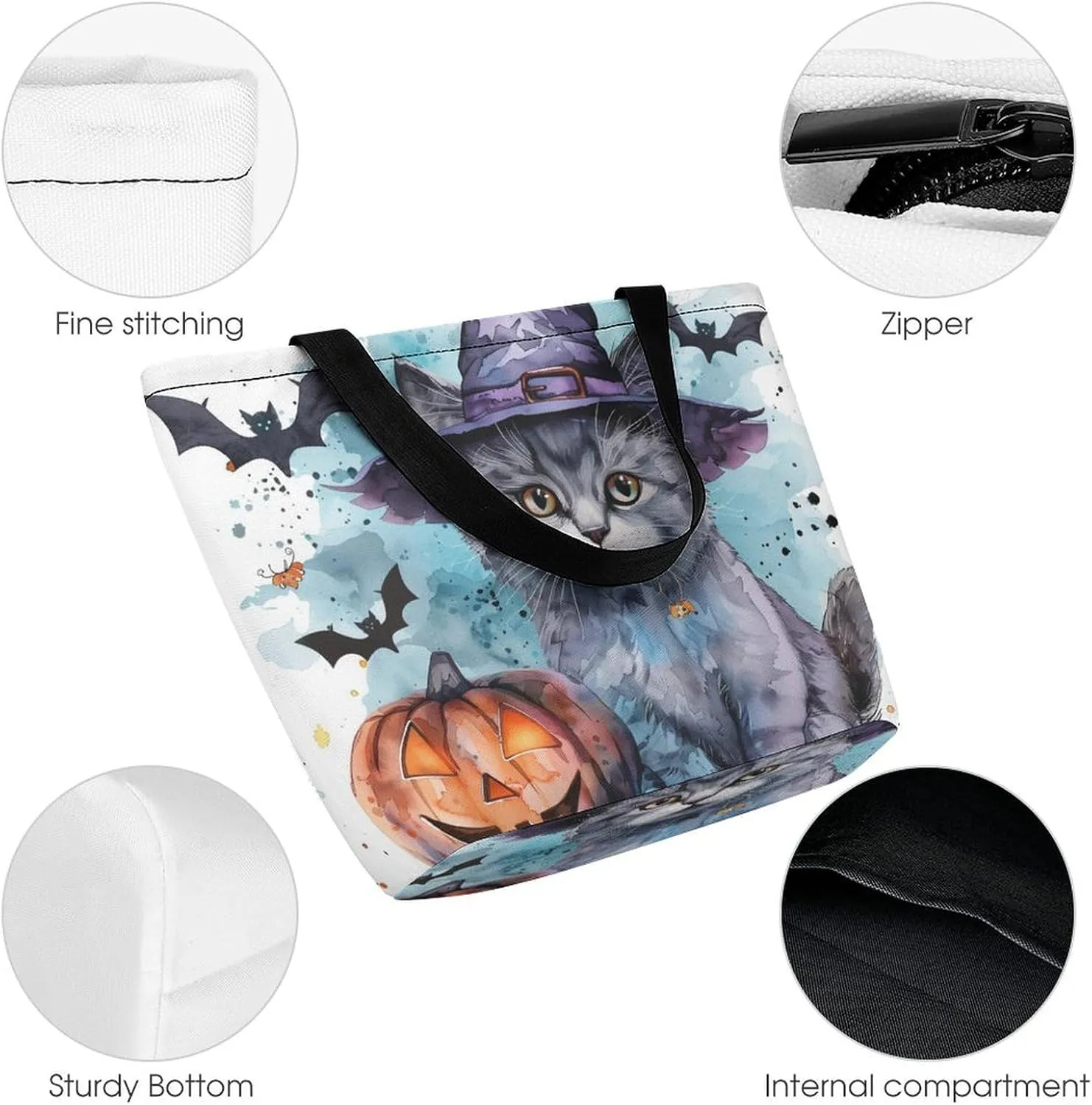 MoBlinko Halloween Cat Tote Bag for Women Reusable Shopping Bag Handbags Shoulder Bags with Zipper