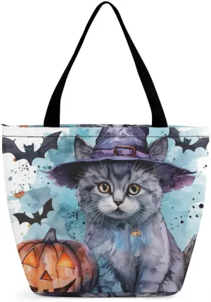 MoBlinko Halloween Cat Tote Bag for Women Reusable Shopping Bag Handbags Shoulder Bags with Zipper