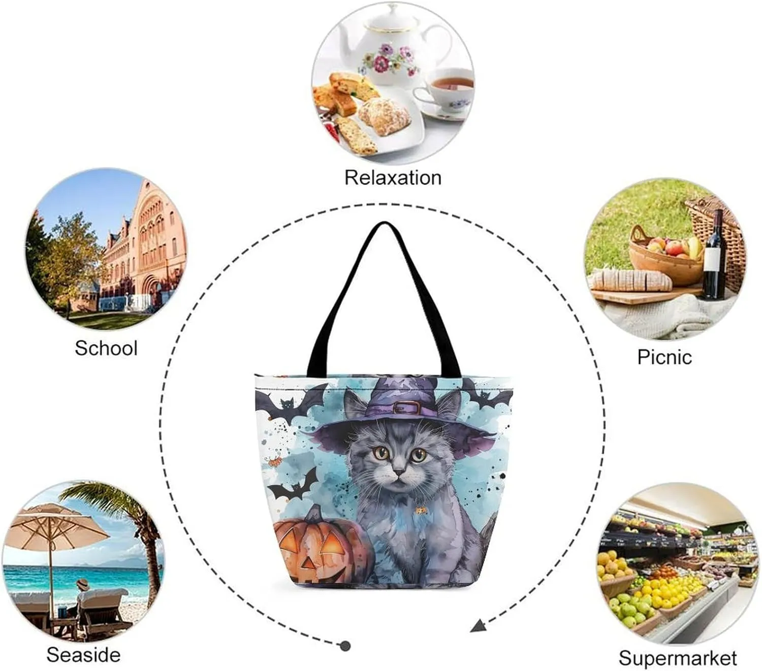 MoBlinko Halloween Cat Tote Bag for Women Reusable Shopping Bag Handbags Shoulder Bags with Zipper