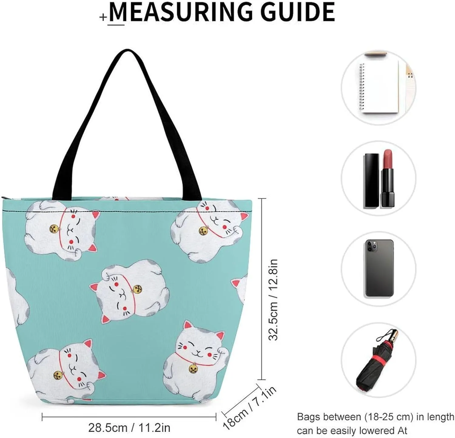 MoBlinko Japanese Fortune Cat Tote Bag for Women Reusable Handbags Shoulder Bags with Zipper for Yoga Grocery Shopping Gifts