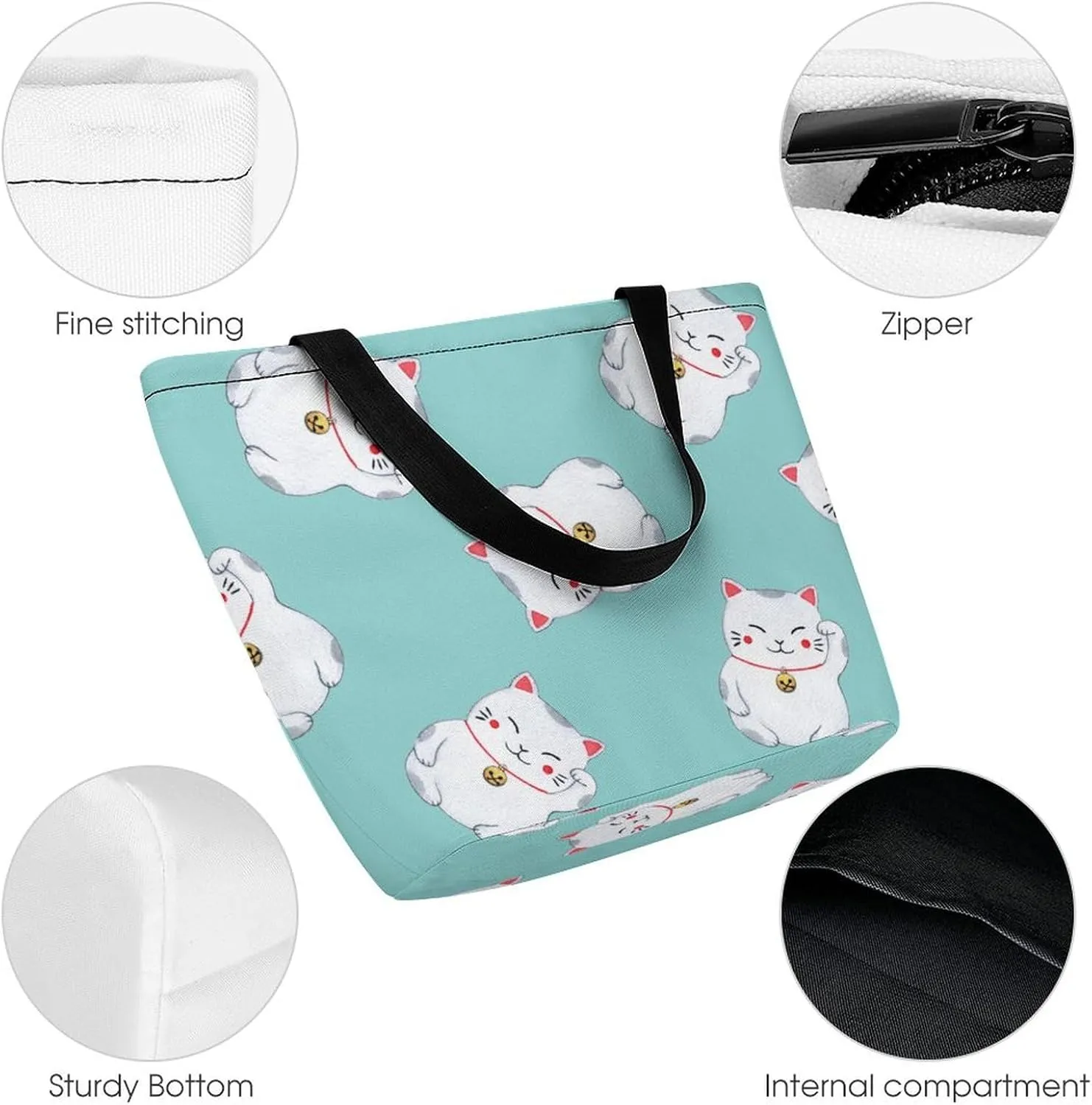 MoBlinko Japanese Fortune Cat Tote Bag for Women Reusable Handbags Shoulder Bags with Zipper for Yoga Grocery Shopping Gifts