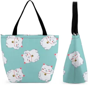 MoBlinko Japanese Fortune Cat Tote Bag for Women Reusable Handbags Shoulder Bags with Zipper for Yoga Grocery Shopping Gifts