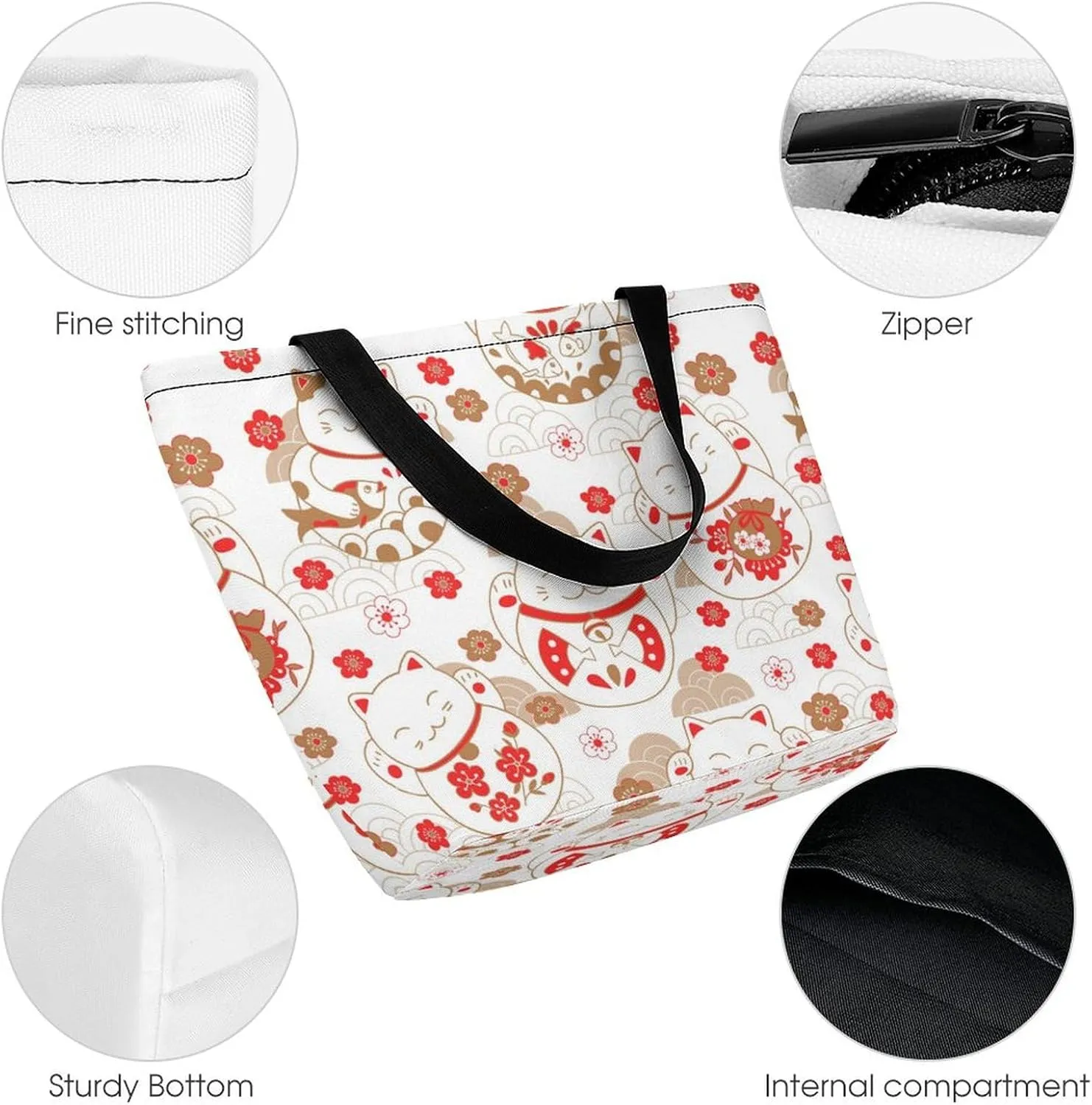 MoBlinko Japanese Fortune Cats Womens Tote Bags Reusable Yoga Shoulder Bag Handbag with Zipper for Grocery Shopping Gifts