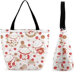 MoBlinko Japanese Fortune Cats Womens Tote Bags Reusable Yoga Shoulder Bag Handbag with Zipper for Grocery Shopping Gifts