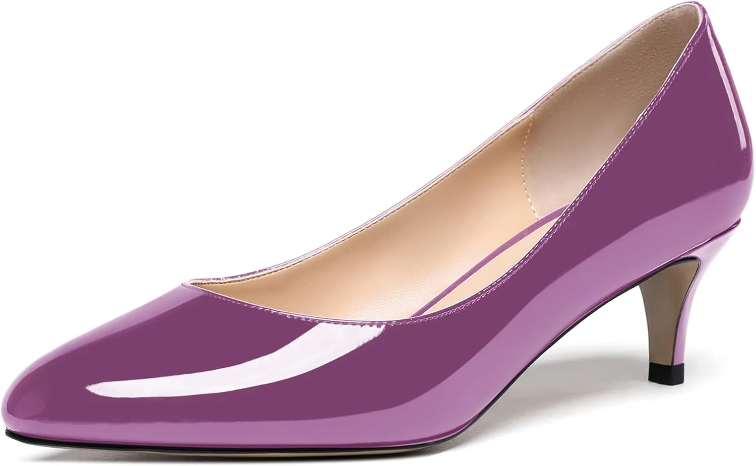 MODENCOCO Women's Round Toe Slip On Patent Leather Kitten Low Heel Pumps Shoes for Business Office Work 2 Inch