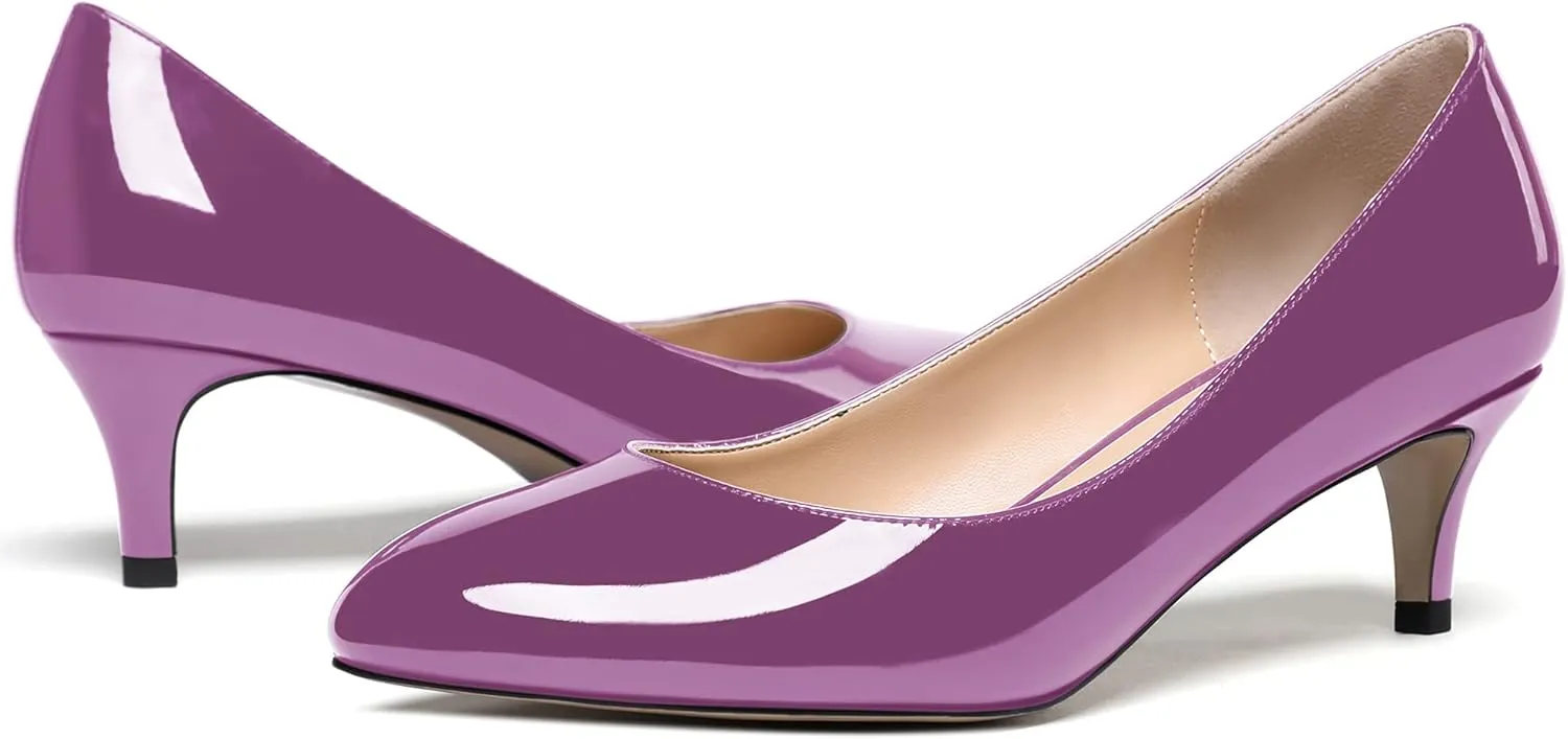 MODENCOCO Women's Round Toe Slip On Patent Leather Kitten Low Heel Pumps Shoes for Business Office Work 2 Inch