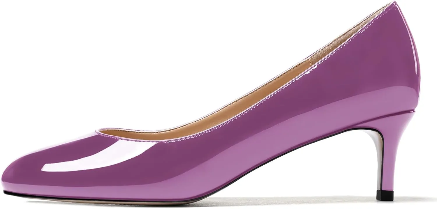 MODENCOCO Women's Round Toe Slip On Patent Leather Kitten Low Heel Pumps Shoes for Business Office Work 2 Inch