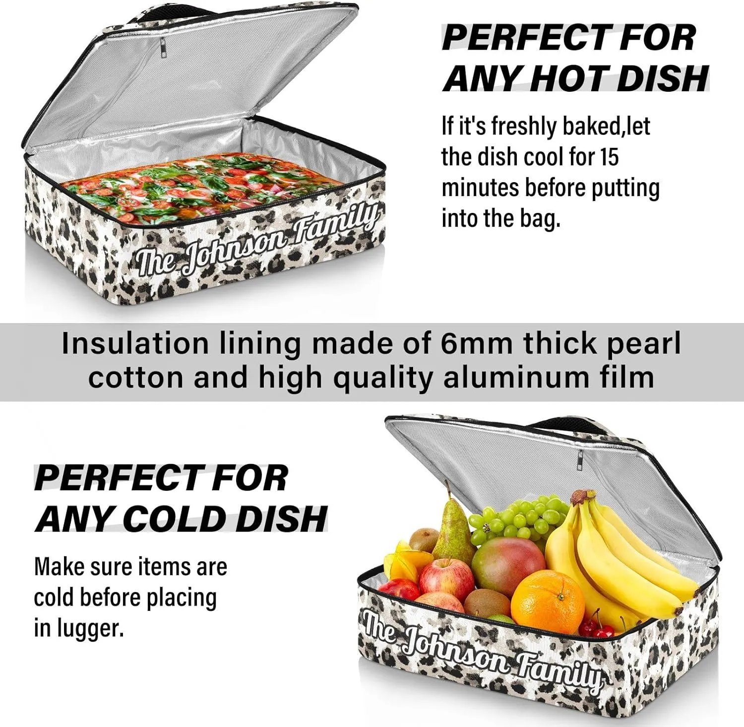 Modern Leopard Custom Casserole Carrier Bag for Hot or Cold Food Personalized Insulated Food Dish Bag Tote for Beach Camping