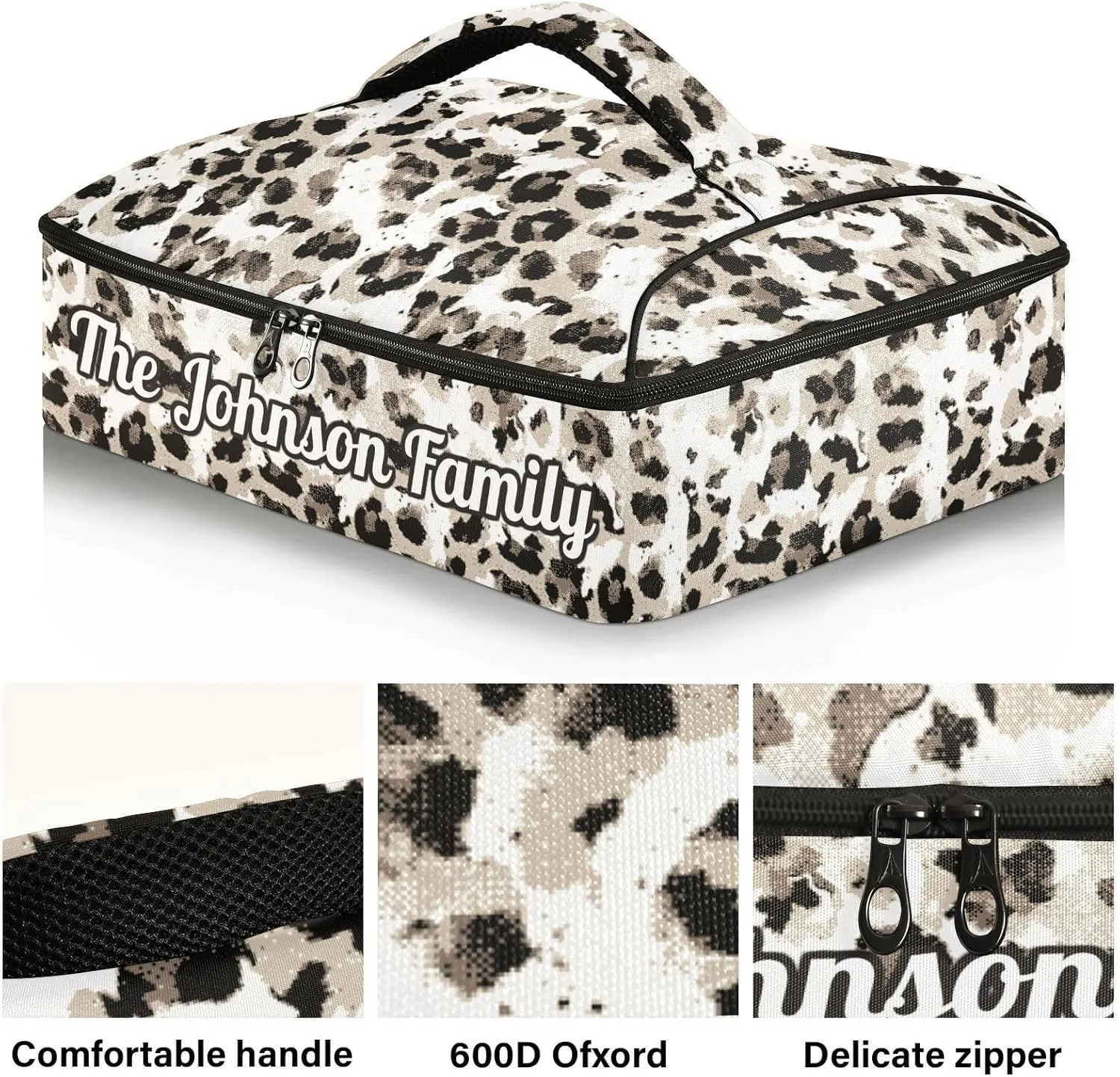 Modern Leopard Custom Casserole Carrier Bag for Hot or Cold Food Personalized Insulated Food Dish Bag Tote for Beach Camping