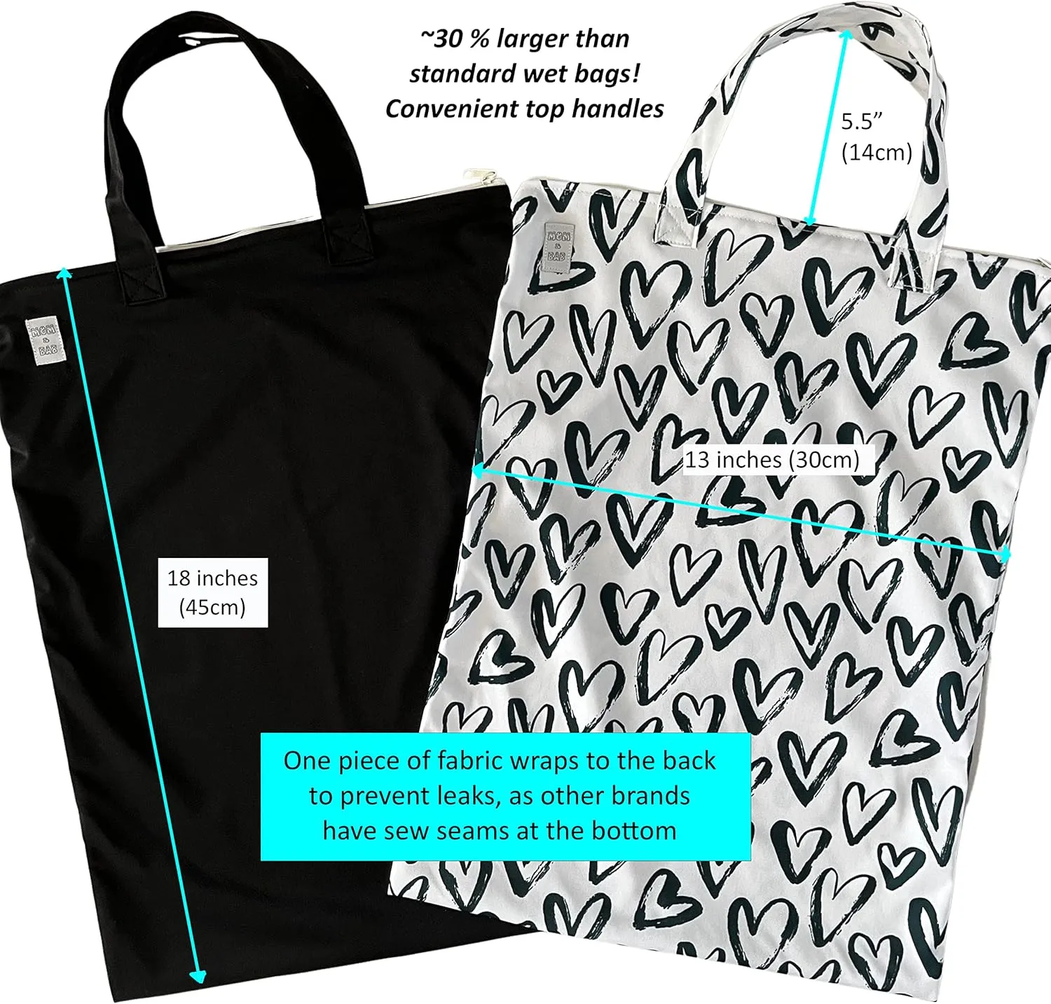 MOM & BAB Wet Bags | Baby Cloth Diapers | Swimsuits and Towels | Gym | Daycare | Water & Odor Resistant (Hearts & Black)
