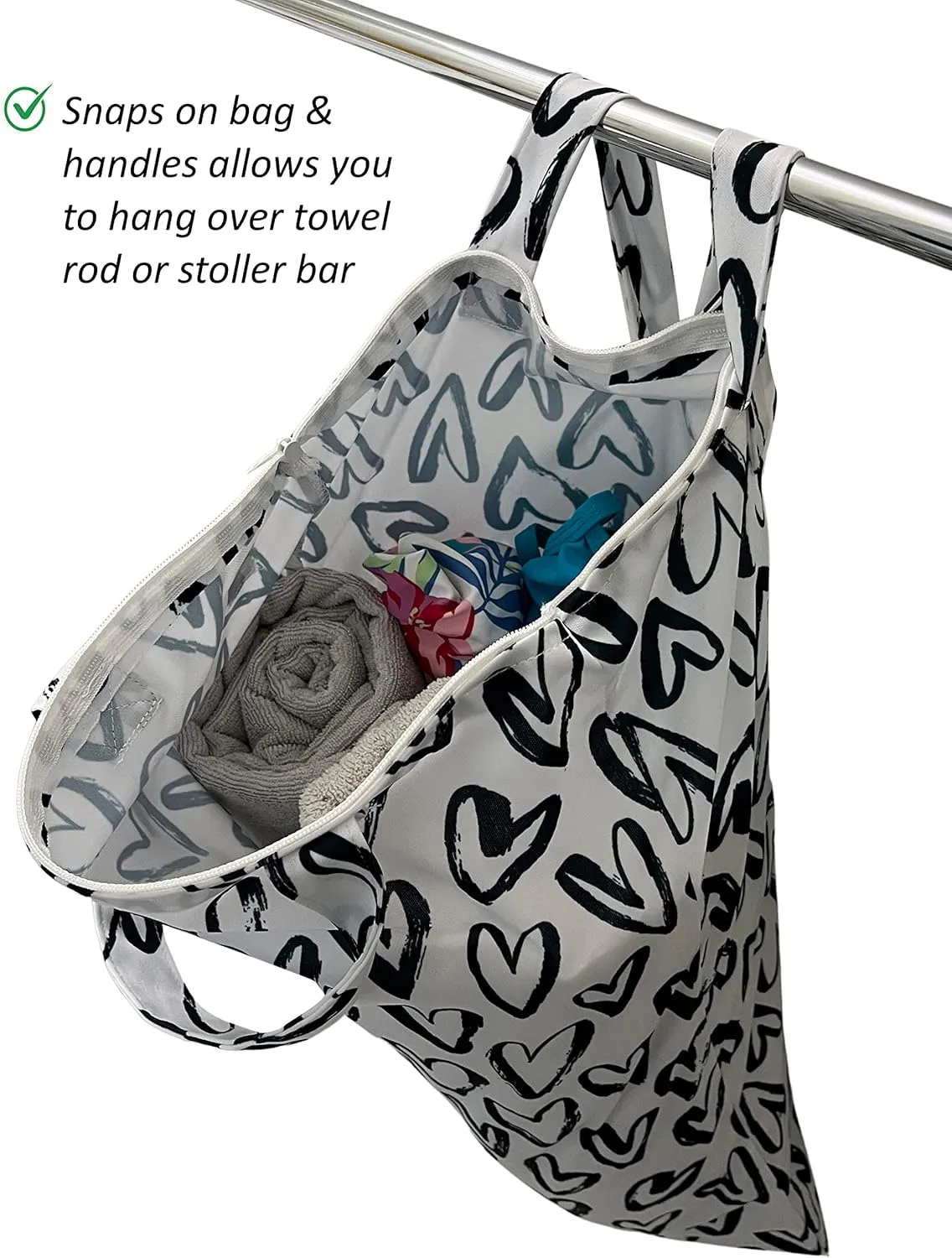 MOM & BAB Wet Bags | Baby Cloth Diapers | Swimsuits and Towels | Gym | Daycare | Water & Odor Resistant (Hearts & Black)