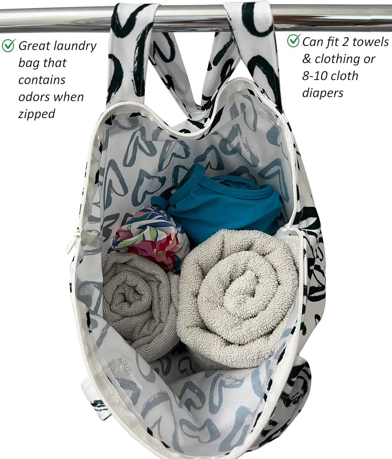 MOM & BAB Wet Bags | Baby Cloth Diapers | Swimsuits and Towels | Gym | Daycare | Water & Odor Resistant (Hearts & Black)