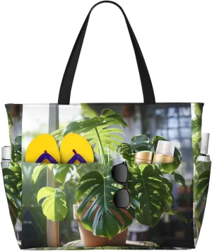 Monstera Deliciosa Banana Palm Print Stylish Beach Tote Bag,Large Capacity Handbag,Perfect For Women'S Vacation And Daily Use