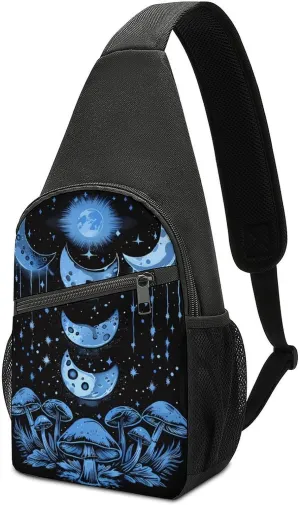 Moon Phases Mushrooms Casual Crossbody Bag Travel Shoulder Bag Hiking Chest Bag Sling Backpack with Pocket for Men Women