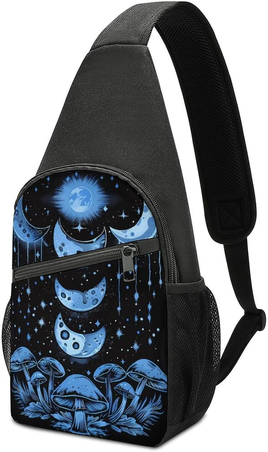 Moon Phases Mushrooms Casual Crossbody Bag Travel Shoulder Bag Hiking Chest Bag Sling Backpack with Pocket for Men Women