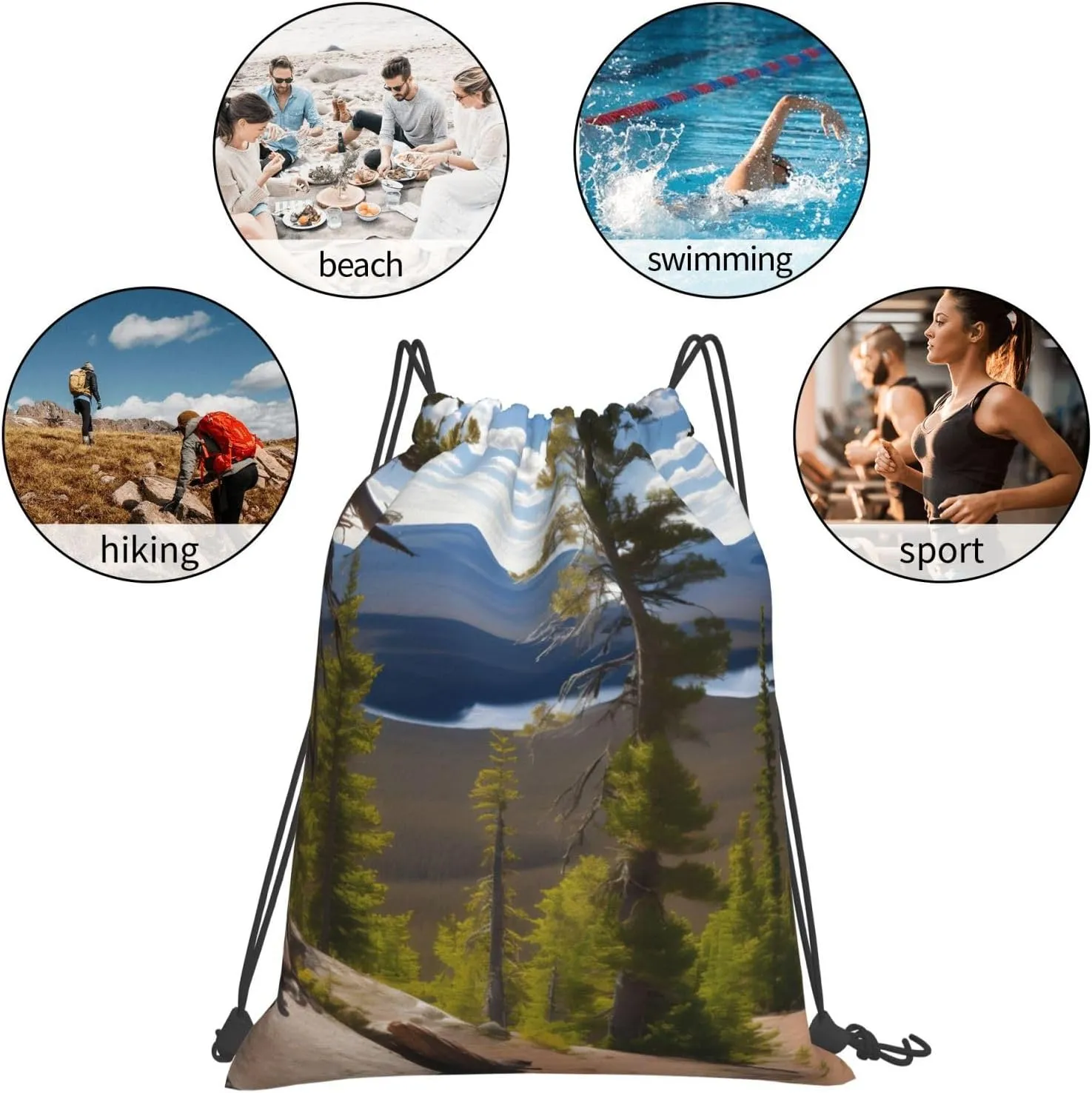 Moose Mountain Pine Tree print Print Sports Drawstring Backpack,Water Resistant Bag, Gym Backpack for Women Men
