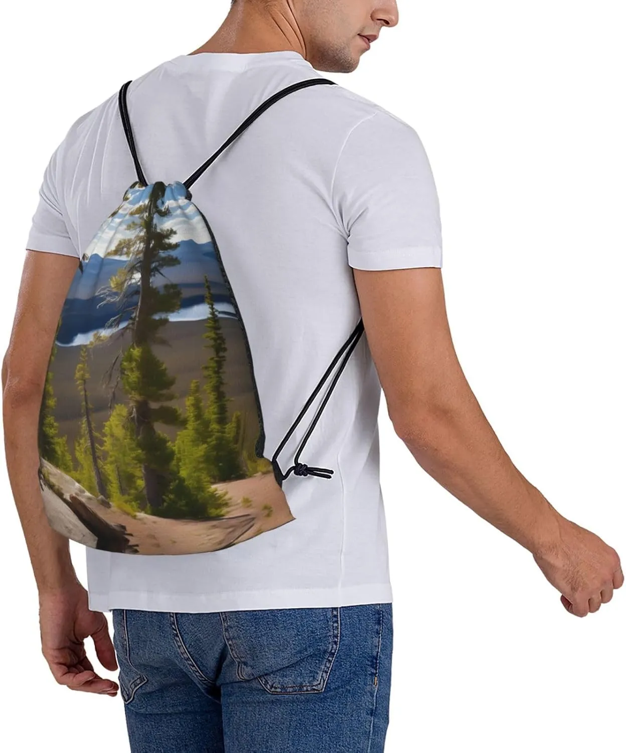 Moose Mountain Pine Tree print Print Sports Drawstring Backpack,Water Resistant Bag, Gym Backpack for Women Men
