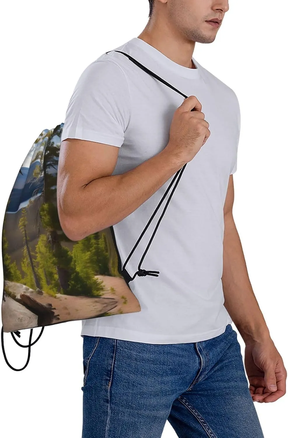 Moose Mountain Pine Tree print Print Sports Drawstring Backpack,Water Resistant Bag, Gym Backpack for Women Men