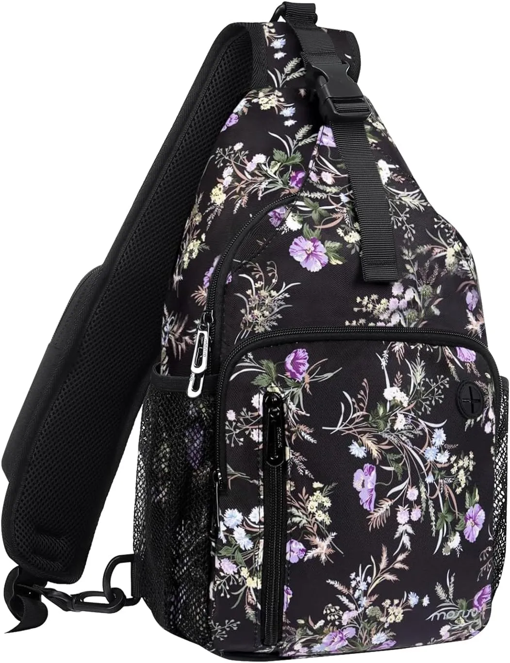 MOSISO Sling Backpack Bag, Wildflower Bouquet Crossbody Shoulder Bag Travel Hiking Daypack Chest Bag with Front Square Pocket&USB Charging Port, Black