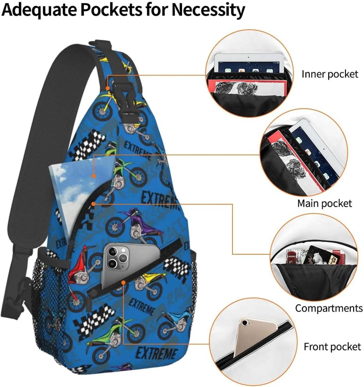Motorcycle Extreme Race White And Black Motorcycle Flag Chest Sling Bag Crossbody Shoulder Backpack Bag Gym Cycling Travel Hiking Daypack Cross Bag