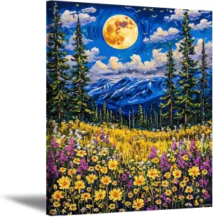 Muflurir Canvas Wall Art The Sea Of Flowers At Night Wall Art Farmhouse Wall DeCor Tranquil And Dreamlike Nature'S Paradise Moon Snow Mountain Sunflower Paintings Canvas Wall Art 16x20 In Unframed