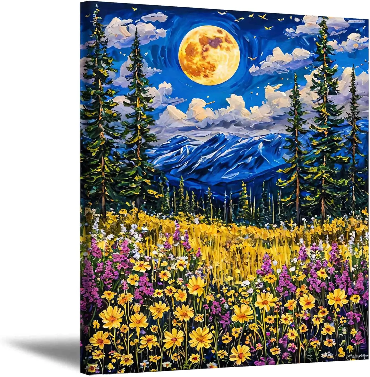 Muflurir Canvas Wall Art The Sea Of Flowers At Night Wall Art Farmhouse Wall DeCor Tranquil And Dreamlike Nature'S Paradise Moon Snow Mountain Sunflower Paintings Canvas Wall Art 16x20 In Unframed