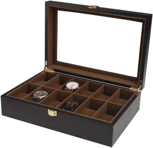MUSUMI 12-Slot Watch Storage Box Women Jewelry Bracelet Collections Display Case Wooden Soft Flocking Lining Interior with 12 Cushions Lockable Metal Buckle