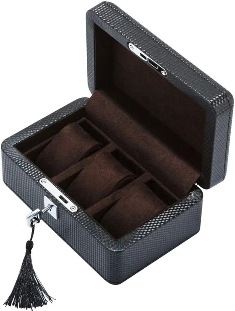 MUSUMI Watch Box 3 Slots Luxury Jewelry Organizer Carbon Fiber Display Case Bracelet Tray 3 Removal Storage Pillows Lockable Metal Lock