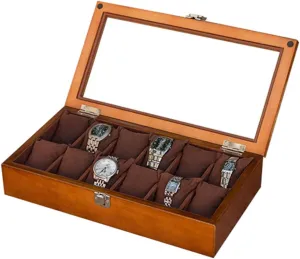 MUSUMI Wooden Watch Box Glass Lid 12 Watch Luxury Jewellery Display Storage Box Bracelet Tray Cufflink Organizer with 12 Removal Storage Cushions and Lockable Metal Buckle (Brown)