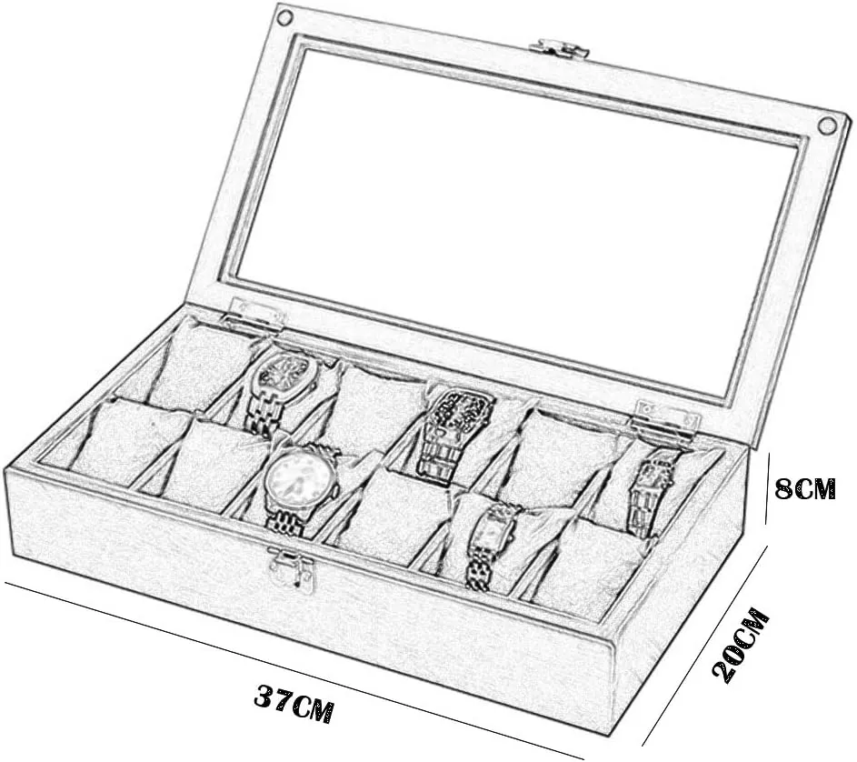 MUSUMI Wooden Watch Box Glass Lid 12 Watch Luxury Jewellery Display Storage Box Bracelet Tray Cufflink Organizer with 12 Removal Storage Cushions and Lockable Metal Buckle (Brown)