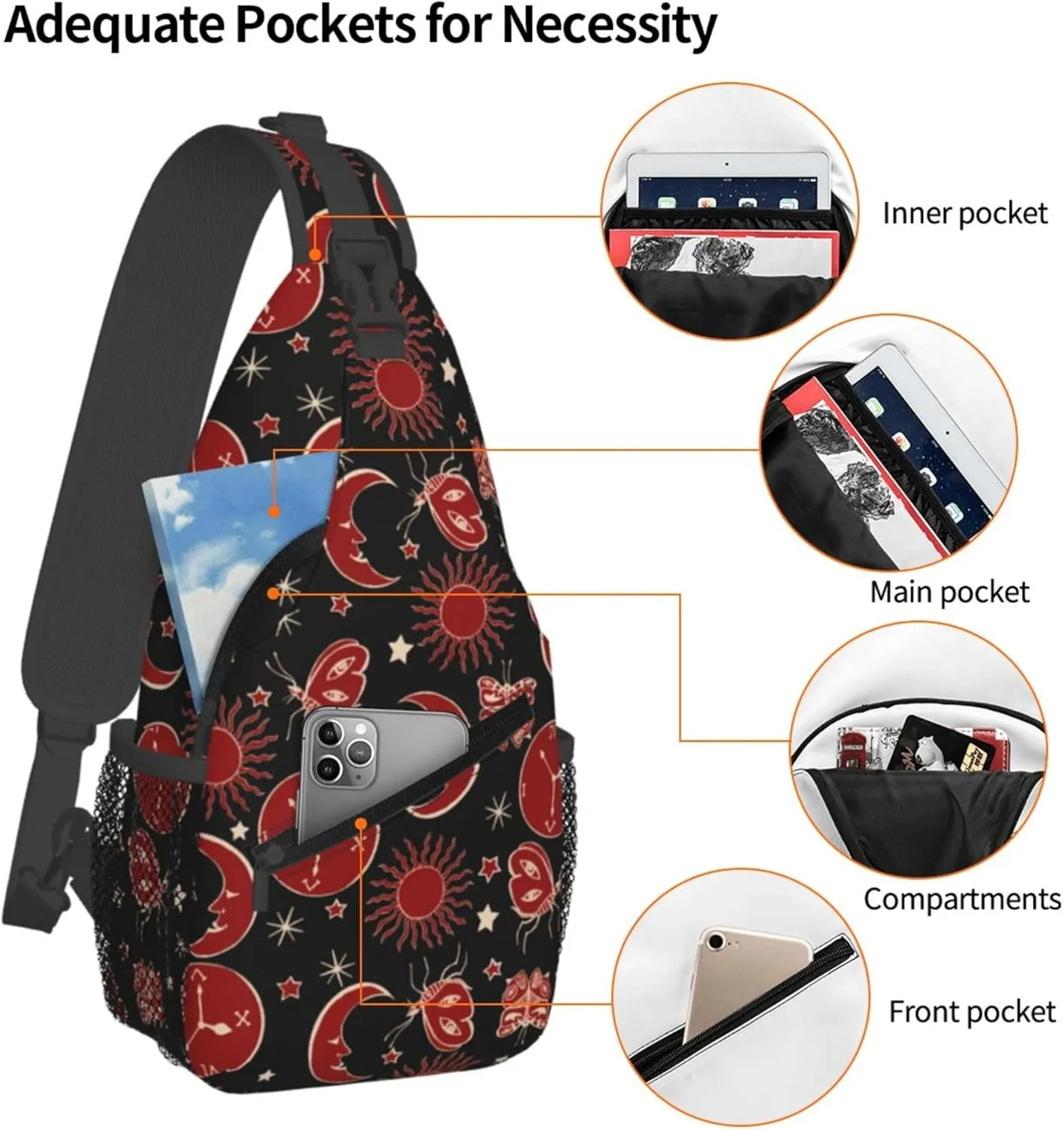 Mystic Sun Moon Pattern Sling Backpack Crossbody Bag, Chest Bag Daypack for Outdoors Hiking Traveling