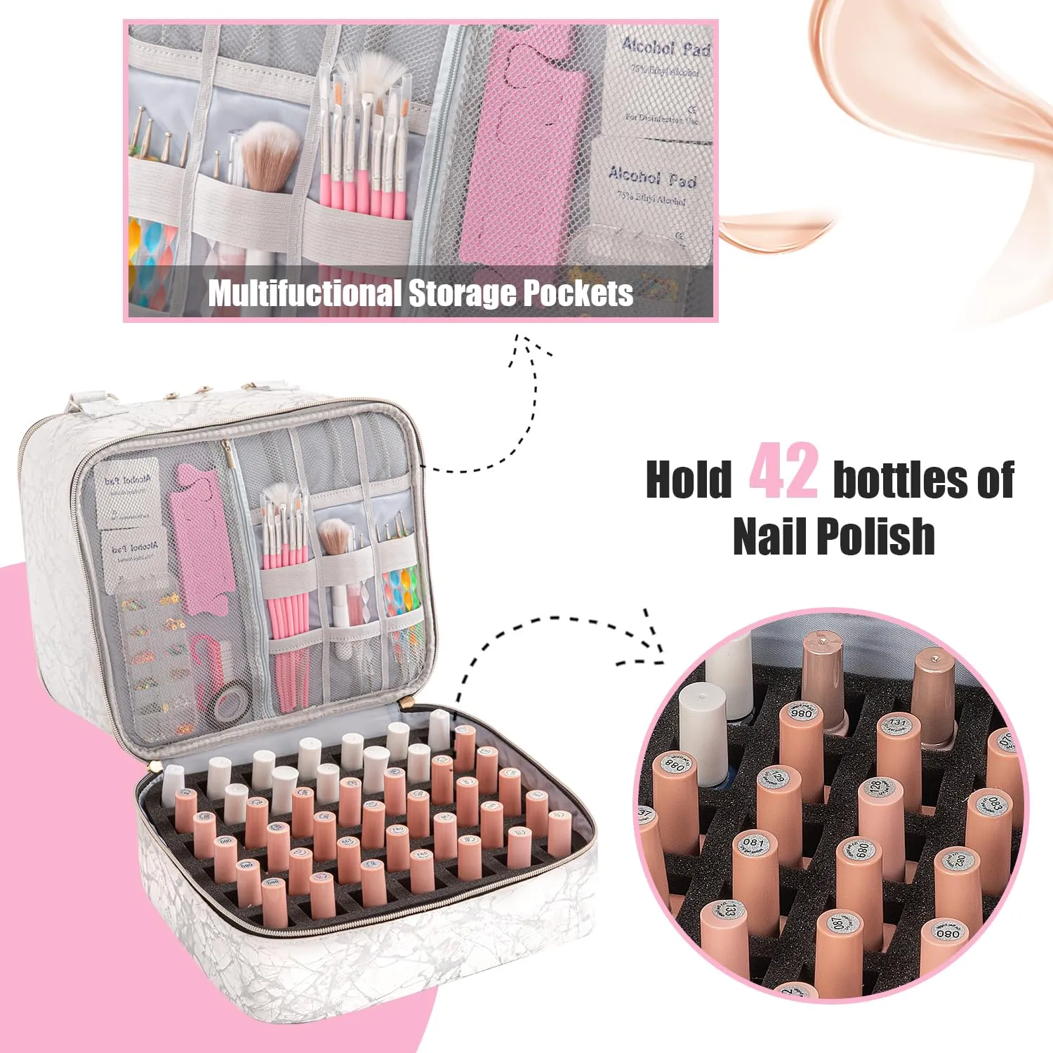 Nail Polish Organizer Bag Double Layers Nail Polish Storage Case Holds 42 Bottles & 1 Nail Lamp Gel Carrying Case Bag Manicure Supplies Organizers (Marbling)